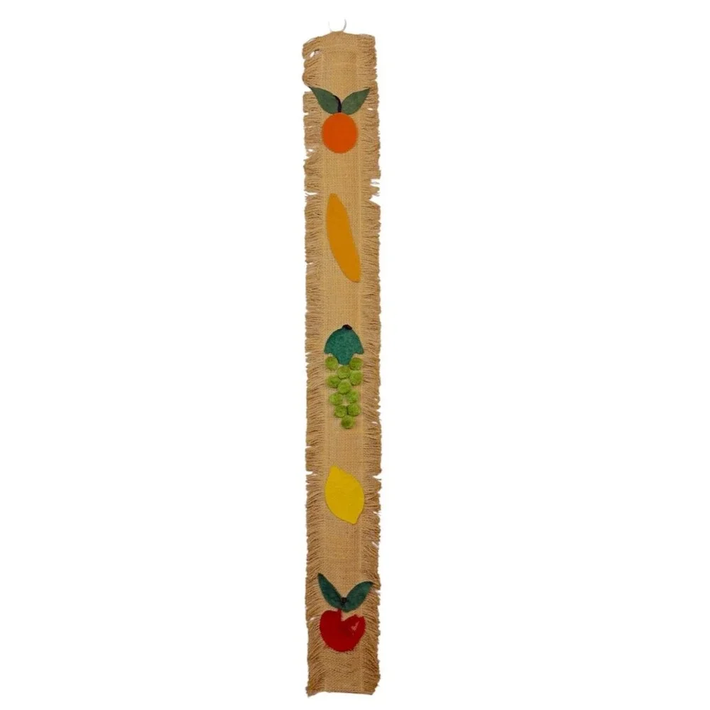 Vintage 70s Burlap Fruit Wall Hanging Yardstick Holder Ad Ruler Rustic Country